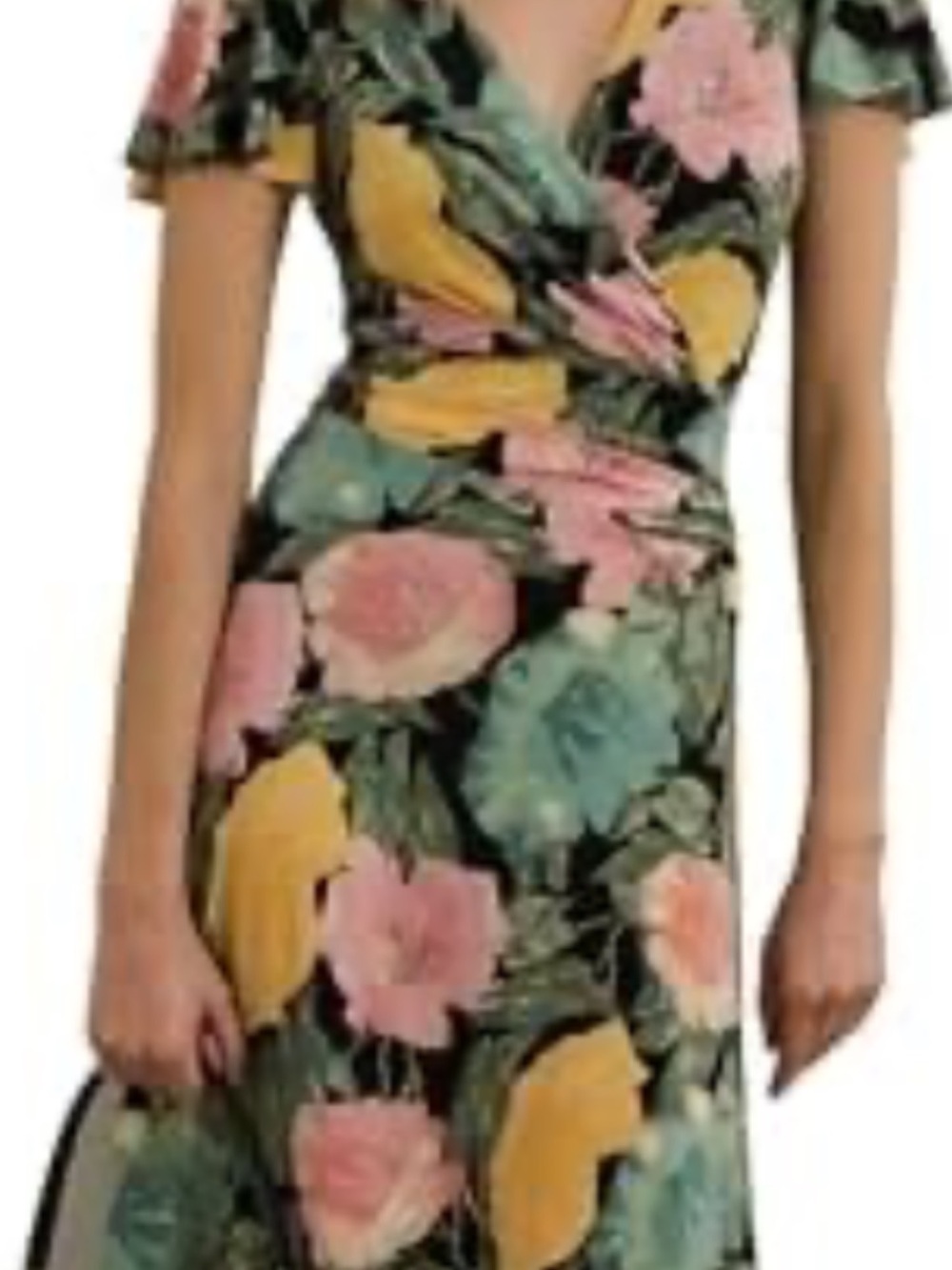 NWT Lauren Ralph Lauren Floral Faux Wrap Dress yellow Pink black flutter slv 6